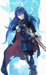 1girl belt black_cape blue_boots blue_eyes blue_gloves blue_hair boots brown_belt cape falchion_(fire_emblem) fingerless_gloves fire_emblem fire_emblem_awakening gimkamres04 gloves hair_between_eyes highres holding holding_sword holding_weapon long_hair long_sleeves looking_at_viewer lucina_(fire_emblem) nintendo red_cape solo standing sword tiara two-tone_cape weapon