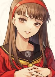 Rule 34 | 1girl, amagi yukiko, black hair, black sailor collar, brown eyes, brown hair, commentary request, fagi (kakikaki), hairband, lipstick, long hair, long sleeves, looking at viewer, makeup, neckerchief, own hands together, parted lips, persona, persona 4, red hairband, red shirt, sailor collar, school uniform, serafuku, shirt, simple background, smile, solo, upper body, white background, yellow neckerchief