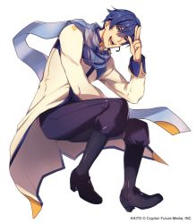 Rule 34 | 1boy, blue eyes, blue hair, blue pants, blue scarf, boots, character name, coat, commentary, copyright notice, english commentary, full body, hand up, headset, highres, kaito (vocaloid), kaito (vocaloid3), looking at viewer, male focus, open mouth, pants, salute, scarf, see-through, smile, solo, vocaloid, white background, white coat, yen-mi