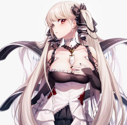 Rule 34 | 1girl, absurdly long hair, absurdres, azur lane, black nails, blush, breasts, cleavage, collar, collarbone, corset, formidable (azur lane), frills, hair ribbon, hand on own chest, highres, inchangboy2, large breasts, long hair, looking at viewer, nail polish, necktie, neckwear between breasts, parted lips, platinum blonde hair, red eyes, ribbon, short necktie, solo, twintails, two-tone dress, two-tone ribbon, very long hair, white ribbon