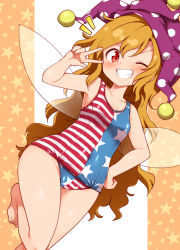 Rule 34 | 1girl, ;d, adapted costume, american flag, blonde hair, blue one-piece swimsuit, blush, breasts, clownpiece, covered navel, fairy wings, grin, harusame (unmei no ikasumi), hat, jester cap, long hair, looking at viewer, one-piece swimsuit, one eye closed, open mouth, orange background, polka dot, purple hat, red eyes, red one-piece swimsuit, small breasts, smile, solo, star (symbol), star print, starry background, swimsuit, touhou, transparent wings, two-tone background, v, white background, wide hips, wings