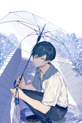 Rule 34 | 1boy, absurdres, bag, black footwear, black pants, blue eyes, blue hair, blue lock, closed mouth, collarbone, collared shirt, full body, highres, holding, holding bag, holding umbrella, itoshi rin, looking at viewer, male focus, pants, shirt, shoes, short hair, short sleeves, sohu, solo, squatting, umbrella, white background, white shirt