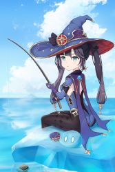 Rule 34 | 1girl, absurdres, ass, black gloves, black hair, black pantyhose, blue sky, cape, cloud, cloudy sky, commentary request, detached sleeves, earrings, fishing, fishing rod, from behind, genshin impact, gloves, green eyes, hair between eyes, hair ornament, hat, highres, holding, holding fishing rod, horizon, jewelry, kokage (chenff), long hair, long sleeves, looking at viewer, looking back, mona (genshin impact), ocean, pantyhose, sidelocks, sitting, sky, slime (genshin impact), twintails, vision (genshin impact), wallet, witch hat