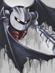 Rule 34 | 1boy, absurdres, commentary request, dark meta knight, flying, glaring, highres, holding, holding sword, holding weapon, kirby (series), looking at viewer, male focus, mask, nintendo, red footwear, simple background, solo, sword, user tjwf7547, weapon, wings, yellow eyes