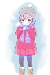 Rule 34 | 1girl, ankle boots, beanie, black pantyhose, boots, brown footwear, coat, earflap hat, fur trim, hat, long sleeves, original, pantyhose, pink eyes, pink hair, pom pom (clothes), purple scarf, scarf, sekiya asami, solo, standing, winter clothes, winter coat