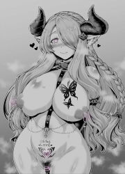 Rule 34 | 1girl, aoyama akira, arms behind back, bar censor, bdsm, blush, braid, breasts, bug, butterfly, censored, collar, draph, ear piercing, earrings, female pubic hair, granblue fantasy, hair ornament, hair over one eye, heart, heart-shaped pupils, heart tattoo, highres, horns, insect, jewelry, large breasts, long hair, looking at viewer, narmaya (granblue fantasy), navel, navel piercing, nipple piercing, nipple rings, nipples, nude, piercing, pointy ears, pubic hair, pubic tattoo, single braid, slave, smile, solo, stomach, symbol-shaped pupils, tattoo