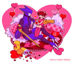 Rule 34 | 1boy, 1girl, :d, alternate eye color, android, arm blade, arm cannon, armor, asagi marin, balloon, blue eyes, blue skin, bow, box, brigadoon, candy, character name, chocolate, chocolate heart, colored skin, dress, eye contact, food, hair bow, heart, heart-shaped box, heart balloon, hetero, kneehighs, looking at another, melan blue, open mouth, pillow, pink bow, pink dress, pink socks, red eyes, red ribbon, ribbon, short ponytail, short sleeves, sitting, smile, socks, tetsukuzu tetsuko, valentine, weapon, white background