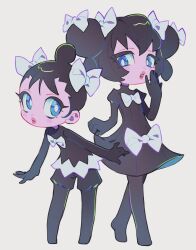 Rule 34 | 2girls, black dress, blue eyes, bow, bright pupils, child, clenched hand, creatures (company), dot nose, double bun, dress, full body, game freak, gen 5 pokemon, gothita, gothorita, hair bow, hair bun, hand up, highres, humanization, leaning, leaning forward, lips, long eyelashes, looking to the side, multiple girls, myunazzang, nintendo, no toes, open hand, open hands, parted lips, petite, pokemon, short hair, simple background, single hair bun, standing, teeth, three quarter view, upper teeth only, very short hair, walking, white background, white bow, white pupils