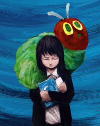 Rule 34 | 1girl, animal, animal on shoulder, black hair, black jacket, blue background, book, caterpillar, closed eyes, closed mouth, crossed arms, faux traditional media, green pupils, holding, holding book, jacket, long hair, long sleeves, plusma, shirt, the very hungry caterpillar, white shirt