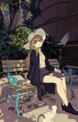 Rule 34 | 1girl, animal, bench, blue eyes, braid, cat, coat, cogecha, earrings, hat, highres, jewelry, light brown hair, looking at viewer, original, outdoors, oversized animal, shorts, sitting, smile, tree, turtleneck, when you see it