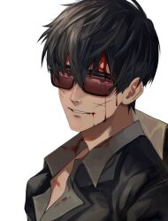 Rule 34 | 1boy, black eyes, black hair, black jacket, blood, blood on clothes, blood on face, collared shirt, cuts, grey shirt, highres, injury, jacket, male focus, nicholas d. wolfwood, portrait, shirt, short hair, simple background, smile, solo, sunglasses, trigun, trigun stampede, tte (t ombi), white background