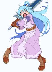 Rule 34 | 1girl, anastasia valeria, anastasia valeria (cosplay), aqua (konosuba), armor, armored dress, belt, blue eyes, blue hair, boots, brown belt, brown footwear, brown gloves, commentary, cosplay, crying, crying with eyes open, dress, frown, full body, gloves, hair ornament, highres, holding, holding sword, holding weapon, jaw drop, kono subarashii sekai ni shukufuku wo!, leaning forward, long dress, long hair, long sleeves, open mouth, over shoulder, purple dress, ryoumoto hatsumi, scared, single hair ring, solo, standing, streaming tears, sweatdrop, sword, tears, wavy mouth, weapon, weapon over shoulder, wide-eyed, wild arms, wild arms 2
