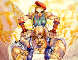 Rule 34 | 1990s (style), 1boy, 1girl, bare shoulders, beret, blonde hair, blue eyes, braid, breasts, brown hair, cammy white, camouflage, capcom, carrying, crossed arms, facepaint, fingerless gloves, gloves, hat, headband, headdress, itoh mami, leotard, long hair, looking at viewer, manly, mexico, muscular, native american, native american headdress, retro artstyle, scar, serious, shoulder carry, sleeveless, small breasts, smile, street fighter, street fighter ii (series), thunder hawk, twin braids