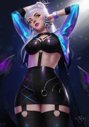 Rule 34 | 1girl, arms up, black thighhighs, blue eyeshadow, breasts, claws, commission, cropped jacket, evelynn (league of legends), eyeshadow, garter straps, jacket, k/da (league of legends), league of legends, long hair, looking at viewer, makeup, medium breasts, nixri, open clothes, open jacket, red lips, skirt, solo, the baddest evelynn, thighhighs, white hair, yellow eyes