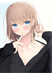 Rule 34 | 1girl, black jacket, black shirt, blue eyes, brown hair, collarbone, commentary request, finger to mouth, hair between eyes, hands up, highres, jacket, long sleeves, looking at viewer, nail polish, open clothes, open jacket, original, parted lips, pink nails, sasahara wakaba, shirt, sleeves past wrists, solo, upper body