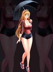 Rule 34 | 1girl, absurdres, alternate costume, bad id, bad pixiv id, black shorts, blue eyes, blush, brayan aguilar, breasts, casual, cleavage, collarbone, contemporary, covered erect nipples, highres, holding, holding umbrella, large breasts, long hair, looking at viewer, orange hair, pecorine (princess connect!), princess connect!, red footwear, red shirt, shirt, shoes, short shorts, shorts, sneakers, solo, standing, tiara, tight clothes, tight shirt, umbrella, zoom layer