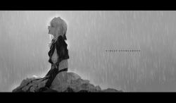 Rule 34 | 10s, 1girl, backlighting, braid, braiding hair, character name, closed eyes, copyright name, crying, dishwasher1910, from side, greyscale, hair between eyes, hair ribbon, hairdressing, highres, letterboxed, monochrome, rain, ribbon, sitting, solo, violet evergarden, violet evergarden (series)