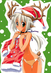 Rule 34 | 1girl, animal ears, antlers, bell, blush, choker, christmas, clothes in front, covering privates, green eyes, hat, horns, long hair, original, panties, panties only, ribbon, santa costume, santa hat, short hair, side-tie panties, silver hair, solo, standing, tail, thigh gap, thighs, topless, underwear, underwear only, white panties