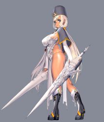 Rule 34 | 1girl, boots, breasts, brown eyes, capelet, curvy, dark skin, dark-skinned female, destiny child, dual wielding, from side, full body, graphite (medium), hat, high heel boots, high heels, highres, holding, holding weapon, kim hyung tae, lance, large breasts, long hair, looking at viewer, looking to the side, low twintails, maat (destiny child), mitre, official art, parted lips, pelvic curtain, plump, polearm, revealing clothes, sideboob, silver hair, solo, standing, traditional media, twintails, very long hair, weapon