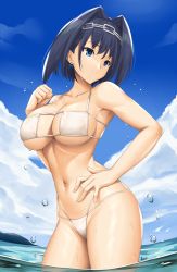 Rule 34 | 1girl, absurdres, arcie albano, bikini, blue hair, blue sky, breasts, cloud, covered navel, day, eyepatch bikini, hair intakes, hand on own hip, headband, highres, hololive, hololive english, large breasts, ocean, ouro kronii, outdoors, revision, short hair, sky, solo, standing, swimsuit, virtual youtuber, wading, water, white bikini