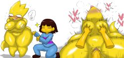 Rule 34 | 1boy, 1girl, alphys, animal ears, ass, blush, grabbing another&#039;s breast, breasts, brown hair, colored skin, enigi09, frisk (undertale), grabbing, heart, highres, horns, huge ass, interspecies, large breasts, monster girl, short hair, simple background, size difference, speech bubble, undertale, white background, yellow skin