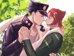Rule 34 | 2boys, black hair, blue eyes, blurry, blurry foreground, collarbone, earrings, gakuran, hand on own chest, hat, highres, holding hands, jewelry, jojo no kimyou na bouken, jyammi, kakyoin noriaki, kuujou joutarou, light rays, long sleeves, male focus, multiple boys, noses touching, outdoors, pink eyes, purple shirt, red hair, school uniform, shirt, stardust crusaders, stole, surprised, thick eyebrows, tree, white background, wide-eyed, yaoi