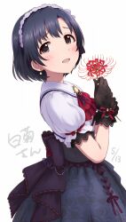 Rule 34 | 1girl, ascot, black gloves, black hair, black skirt, blush, bow, breasts, brown eyes, character name, dani-ikapi, dot nose, earrings, flower, from side, gloves, headband, holding, holding flower, idolmaster, idolmaster cinderella girls, idolmaster cinderella girls starlight stage, jewelry, looking at viewer, open mouth, purple bow, red ascot, shiragiku hotaru, shirt, short hair, short sleeves, simple background, skirt, small breasts, smile, solo, spider lily, waist bow, white background, white headband, white shirt