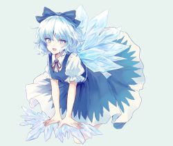 Rule 34 | 1girl, blue bow, blue dress, blue eyes, blue hair, bow, bowtie, cirno, collar, collared shirt, dress, flying, green background, hair between eyes, ice, ice wings, looking at viewer, open mouth, puffy short sleeves, puffy sleeves, red bow, red bowtie, shirt, short hair, short sleeves, simple background, smile, solo, touhou, uranaishi (miraura), white shirt, white sleeves, wings