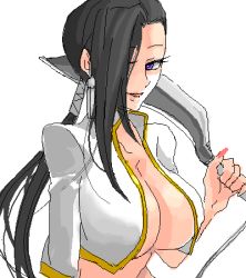 Rule 34 | 00s, 1girl, aliasing, black hair, black lagoon, breasts, cleavage, eyelashes, hair over one eye, jacket, long hair, looking at viewer, lowres, nail polish, no bra, oekaki, open clothes, open jacket, ponytail, red nails, revealing clothes, shenhua, simple background, solo, sorashu, upper body, weapon, white background