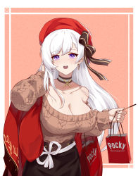 Rule 34 | 1girl, :o, absurdres, aran sweater, azur lane, bag, bare shoulders, belfast (azur lane), belfast (shopping with the head maid) (azur lane), belt, beret, black belt, black bow, black skirt, border, bow, breasts, brown sweater, cable knit, choker, cleavage, collarbone, cowboy shot, earrings, food, hair bow, hand in own hair, hand up, hat, highres, holding, holding bag, holding food, hoop earrings, jewelry, jiusan naitang, large breasts, long hair, long sleeves, looking at viewer, off-shoulder sweater, off shoulder, open mouth, outside border, pink background, pocky, purple eyes, red hat, sash, shawl, shopping bag, silver hair, skirt, solo, sweater, very long hair, white border, white sash