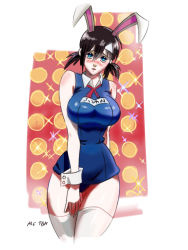Rule 34 | 1girl, absurdres, aletbh, animal ears, black hair, blood lad, blue eyes, blush, borrowed character, breasts, closed mouth, embarrassed, hair between eyes, highres, large breasts, leotard, looking at viewer, non-web source, nose blush, playboy bunny, rabbit ears, short hair, simple background, socks, solo, swimsuit, thighhighs, thighs, upper body, white socks, wide hips, yanagi fuyumi
