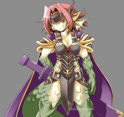 Rule 34 | 1girl, akazawa red, animal ears, arm behind back, arm tattoo, armor, artist name, belt, black armor, breasts, brown belt, cape, cleavage, clenched hand, colored skin, commentary request, cowboy shot, dragon ears, dragon girl, dragon tail, facial tattoo, fins, forehead protector, gem, granberia, green skin, grey background, head fins, large breasts, light frown, mon-musu quest!, mon-musu quest: paradox, monster girl, official art, pointy ears, purple cape, red gemstone, red hair, scales, serious, sheath, sheathed, short hair, shoulder armor, simple background, solo, sword, tail, tattoo, twitter username, weapon, yellow eyes