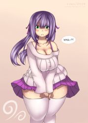 Rule 34 | 1girl, bare shoulders, blush, bra strap, breasts, cleavage, commentary, green eyes, hair ribbon, highres, large breasts, long hair, looking at viewer, open mouth, pixiveo, plump, purple hair, ribbon, simple background, skirt, solo, standing, sweater, thick thighs, thighhighs, thighs, wide hips