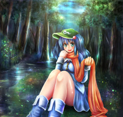 Rule 34 | 1girl, blonde hair, blue eyes, blush, boots, breasts, flower, forest, glitter, green eyes, hair bobbles, hair ornament, hat, kawashiro nitori, key, large breasts, long sleeves, looking at viewer, nature, open mouth, orange scarf, plant, pocket, reaching, reaching towards viewer, river, rubber boots, satoji (ochanomkmskry), scarf, shirt, short hair, sitting, skirt, skirt set, sky, smile, solo, star (sky), starry sky, touhou, tree, twintails, two side up, water