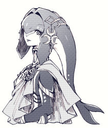 Rule 34 | 1girl, armor, brooch, colored skin, fins, fish girl, greyscale, head fins, highres, jewelry, looking at viewer, mipha, monochrome, monster girl, multicolored skin, neck ring, nintendo, nomo96, one eye covered, shoulder armor, smile, solo, the legend of zelda, the legend of zelda: breath of the wild, two-tone skin, upper body, white background, zora