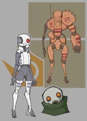 Rule 34 | 1girl, 2others, aperture science advanced knee replacement, black bodysuit, bodysuit, combine assassin, creature, cremator (half life), cyborg, ethossketches, full body, grey background, half-life, half-life (series), half-life 2, highres, looking at viewer, multiple others