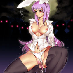 Rule 34 | 1girl, abs, animal ears, areola slip, bad id, bad pixiv id, black thighhighs, bowalia, breasts, censored, clothing aside, condom, cum, female pubic hair, large breasts, legs, long hair, mosaic censoring, muscular, nipples, open clothes, open shirt, panties, panties aside, pink hair, pubic hair, purple hair, pussy, rabbit ears, red eyes, reisen udongein inaba, shirt, solo, thick thighs, thighhighs, thighs, touhou, underwear, used condom