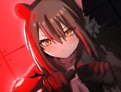 Rule 34 | 1girl, animal ears, animal hands, arknights, black jacket, brown hair, claws, collarbone, dutch angle, freckles, hair between eyes, highres, holding, holding knife, horn/wood, jacket, knife, long hair, looking at viewer, open clothes, open jacket, ponytail, raccoon ears, robin (arknights), shirt, solo, sweatdrop, upper body, white shirt, yellow eyes