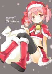 Rule 34 | 10s, 1girl, bag, bell, blush, boots, bow, full body, grey background, hair bow, hat, heart, kaname madoka, knee boots, looking at viewer, mahou shoujo madoka magica, mahou shoujo madoka magica (anime), merry christmas, pink eyes, pink hair, plaid, plaid bow, red footwear, santa boots, santa costume, santa hat, short hair, simple background, smile, snowing, solo, thighhighs, tsubaki (tatajd), twintails