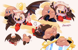 Rule 34 | ..., :d, ;d, arm up, armor, armored boots, arms up, artist name, back-to-back, black cape, black wings, blue eyes, blush, blush stickers, boots, cape, closed eyes, commentary request, cracked mask, dark meta knight, dimension mirror, facing away, from behind, gloves, highres, kirby (series), lying, mask, mirror, nintendo, notice lines, one eye closed, open mouth, orange background, pauldrons, red footwear, running, shadow kirby, shoulder armor, simple background, sitting, sleeping, smile, speech bubble, spiked wings, spikes, spoken ellipsis, star (symbol), tokuura, torn cape, torn clothes, torn wings, twitter username, white background, white gloves, wings