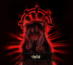 Rule 34 | 1girl, backlighting, blush, bow, closed eyes, closed mouth, crescent, crescent pin, dark, darkest dungeon, darkness, embarrassed, english text, flying sweatdrops, frilled hat, frills, gameplay mechanics, hair ribbon, hands on own cheeks, hands on own face, hat, hat ribbon, highres, long hair, mob cap, nose blush, pajamas, parody, patchouli knowledge, ribbon, sidelocks, signature, simple background, solo, svveetberry, touhou, wavy mouth