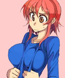 Rule 34 | 1girl, blouse, blue shirt, blush stickers, breasts, brown eyes, impossible clothes, kusanagi tonbo, large breasts, original, pink background, red hair, shirt, simple background, solo, sweatdrop