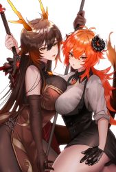Rule 34 | 2girls, antenna hair, arm up, asymmetrical docking, breast press, breasts, brown hair, collared shirt, commentary request, curvy, detached sleeves, diluc (genshin impact), dragon horns, dress, genderswap, genderswap (mtf), genshin impact, gloves, gradient hair, hair between eyes, highres, holding, holding sword, holding weapon, hominamia, horns, huge breasts, large breasts, long hair, multicolored hair, multiple girls, open mouth, pantyhose, polearm, ponytail, red eyes, red hair, shirt, sidelocks, simple background, sword, thick thighs, thighs, weapon, white background, yellow eyes, zhongli (genshin impact)