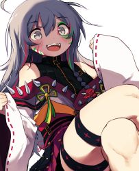 Rule 34 | 1girl, ahoge, bad id, bad twitter id, blush, braid, crossed legs, detached sleeves, facepaint, fangs, green hair, grey eyes, greyscale, hair between eyes, hoshi syoko, idolmaster, idolmaster cinderella girls, japanese clothes, korean commentary, mg pong, monochrome, multicolored hair, open mouth, pink hair, ribbon-trimmed sleeves, ribbon trim, side braid, simple background, solo, spikes, streaked hair, thigh strap, upper body, white background, wide sleeves