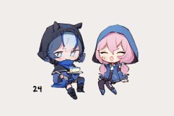 Rule 34 | 2girls, arknights, beanie, black headwear, black pantyhose, black shorts, blue eyes, blue hair, blue poison (arknights), blue thighhighs, blush, cake, chibi, closed eyes, closed mouth, collared shirt, food, full body, glaucus (arknights), grey background, hair between eyes, hat, hood, hood up, hooded jacket, invisible chair, jacket, light blue hair, long hair, long sleeves, low twintails, multicolored hair, multiple girls, open clothes, open jacket, open mouth, pantyhose, pink hair, ruri (dailybloopy), shirt, shorts, simple background, sitting, smile, thighhighs, twintails