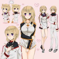 Rule 34 | 10s, 1girl, animal ears, blonde hair, blush, breasts, cat ears, cat girl, cat tail, character sheet, charlotte dunois, covering privates, female focus, heart, infinite stratos, jersey, jewelry, long hair, pendant, purple eyes, school uniform, solo, tail, uniform