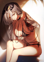 Rule 34 | 1girl, bare shoulders, bikini, black bikini, bracelet, breasts, carmilla (fate), carmilla (swimsuit rider) (fate), carmilla (swimsuit rider) (third ascension) (fate), chain, cleavage, collarbone, commentary, curly hair, earrings, eyewear on head, fate/grand order, fate (series), genyaky, highres, jewelry, large breasts, long hair, looking at viewer, open mouth, panties, parted bangs, see-through, side ponytail, silver hair, sitting, sunglasses, swimsuit, thighs, underwear, veil, yellow eyes