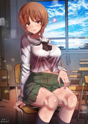 Rule 34 | 1girl, blush, breasts, brown eyes, brown hair, classroom, covered erect nipples, girls und panzer, green skirt, highres, indoors, large breasts, looking at viewer, megadeko, miniskirt, navel, nishizumi miho, short hair, skirt, smile, solo, tongue, tongue out, window