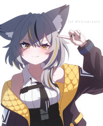 Rule 34 | 1girl, animal ear fluff, animal ears, black hair, black jacket, black nails, black necktie, blonde hair, breasts, closed mouth, collarbone, commentary request, english text, fang, finger to head, grey hair, highres, jacket, light blush, long sleeves, looking at viewer, medium breasts, multicolored hair, nail polish, necktie, off shoulder, original, pointing, pointing at self, shirt, short hair, simple background, sleeveless, sleeveless shirt, solo, streaked hair, upper body, vrchat, white background, white shirt, yako mashiro, yellow eyes