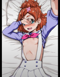Rule 34 | 1girl, :d, bed, blue eyes, blush, breasts, brown hair, clothes lift, covering own eyes, eyebrows, go! princess precure, hair bun, hair ornament, hairclip, haruno haruka, hone (koppun), lying, nipples, no bra, on back, on bed, open mouth, outstretched arm, pillarboxed, pillow, pleated skirt, precure, reaching, reaching towards viewer, school uniform, selfie, serafuku, shirt lift, short hair, single hair bun, skirt, small breasts, smile, solo, suspender skirt, suspenders